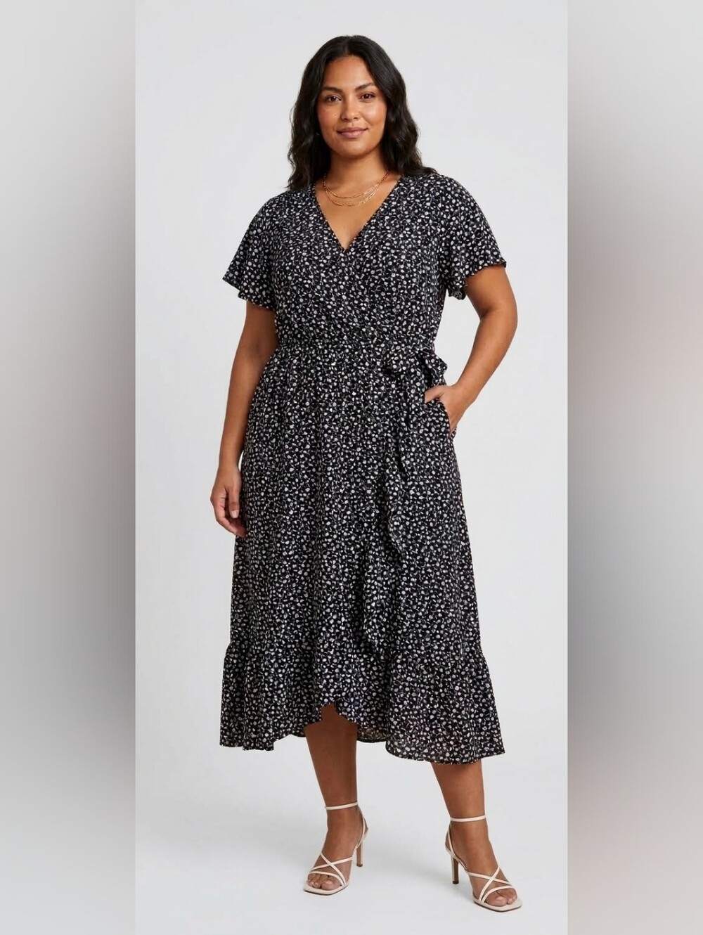 BloomChic Black Floral Faux Wrap Ruffle Midi Dress with Pockets Size 14/16